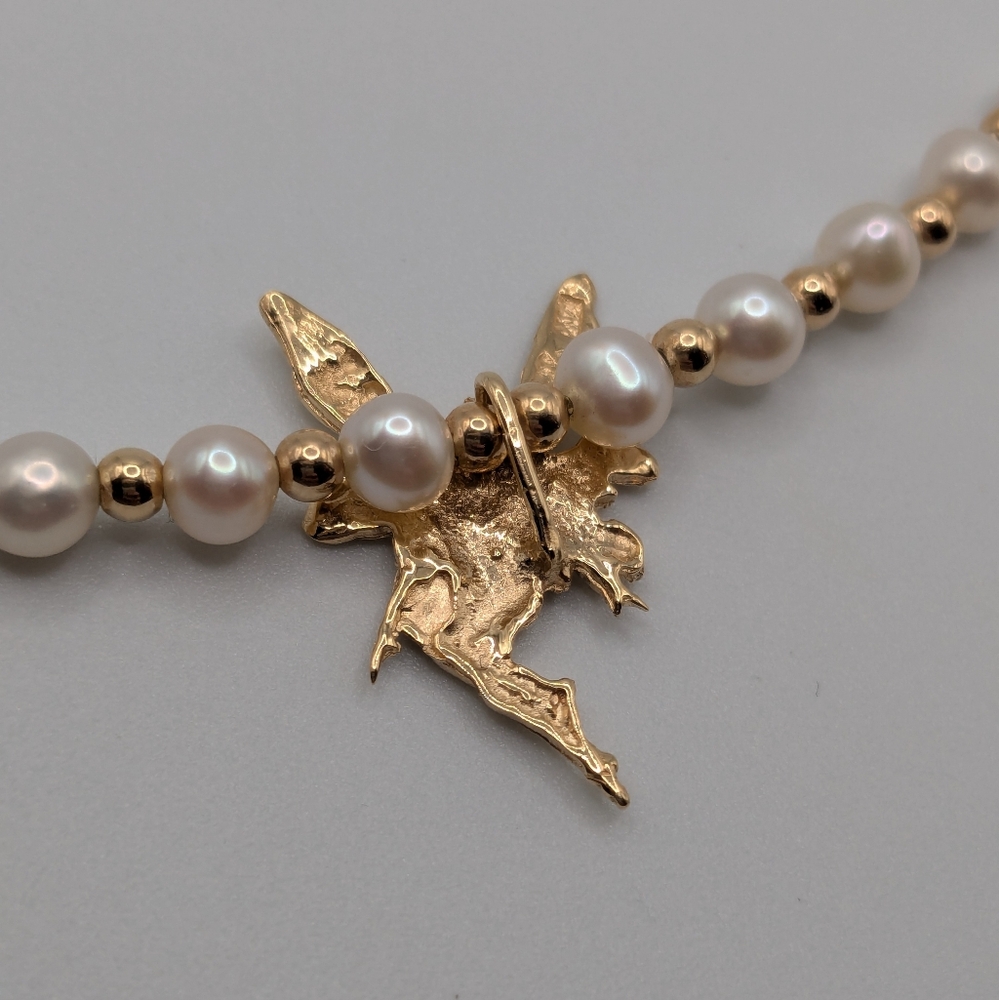 14k Yellow Gold Beaded Pearl Necklace With Fairy Pendant - Picture 7 of 15